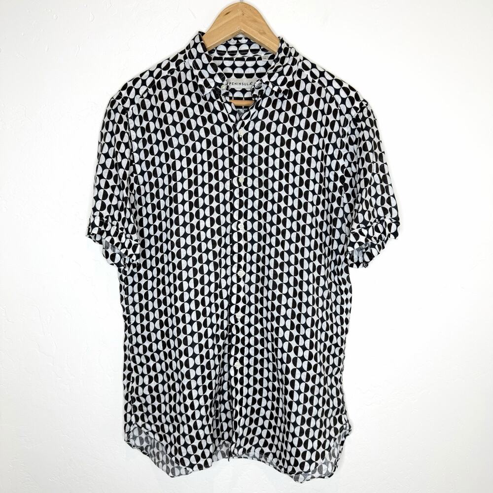Peninsula Italian Linen Button Up Shirt Men’s Medium Black White Geometric
